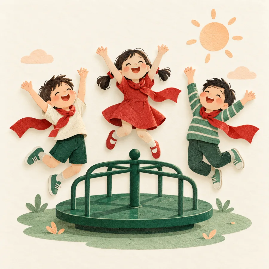 Children jump joyfully with raised arms near a green carousel