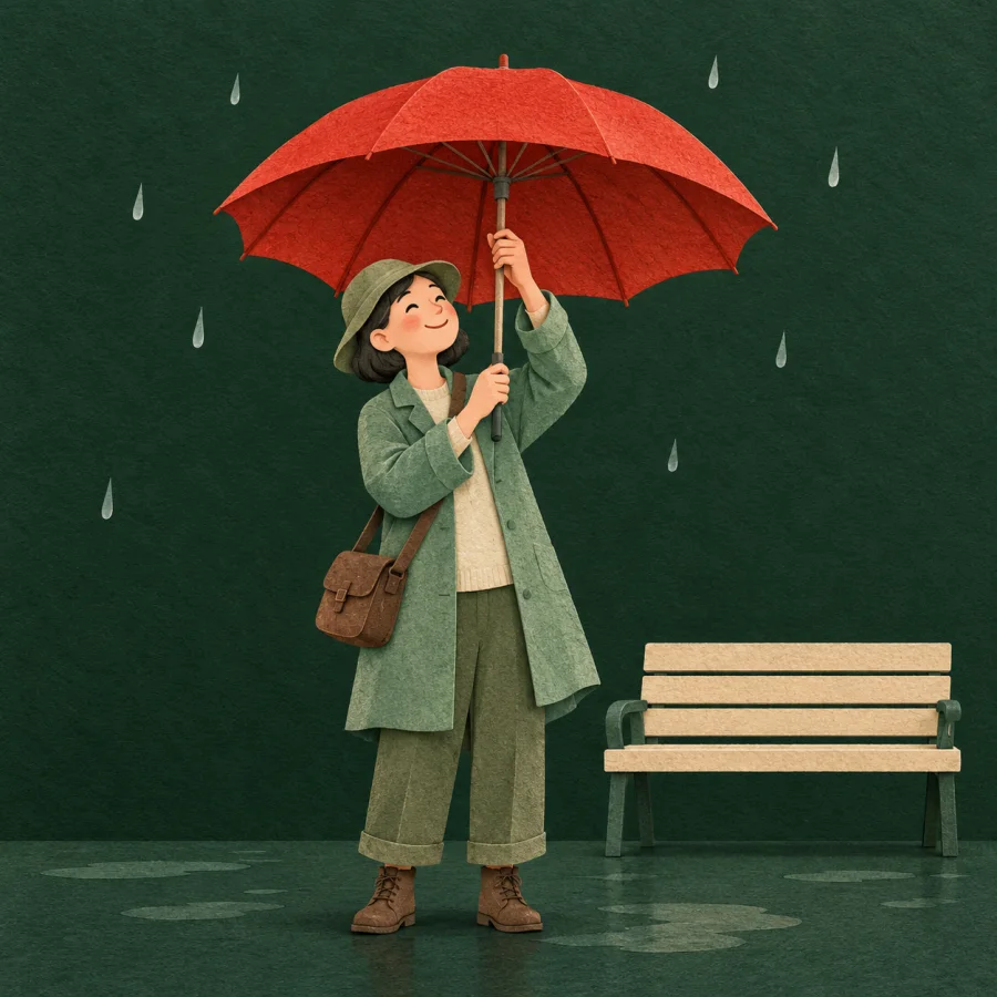 A traveler opens a red umbrella as rain begins to fall