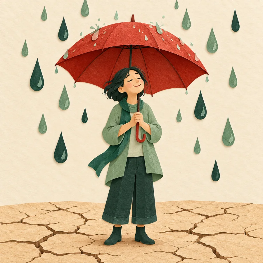 A person opens a red umbrella just as rain begins to fall