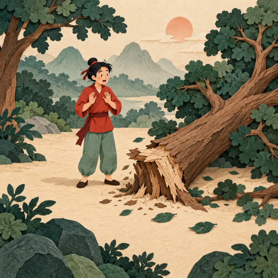 A person stands safely beside a huge fallen tree