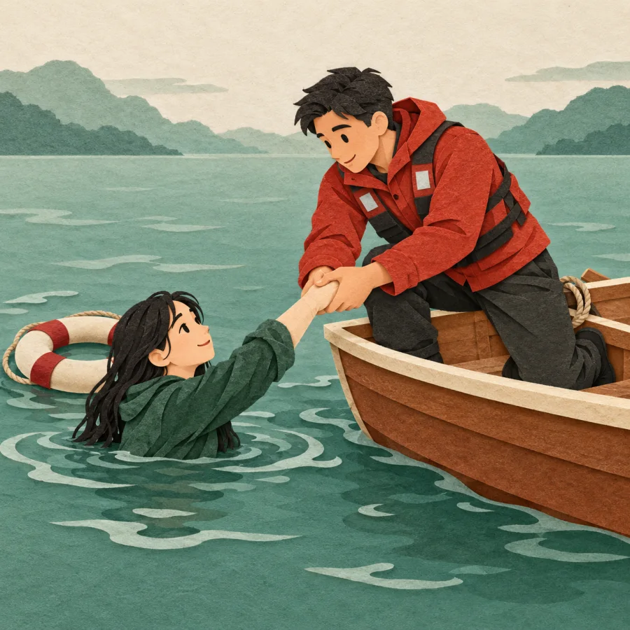 A rescuer pulls a person from green water, a life ring nearby