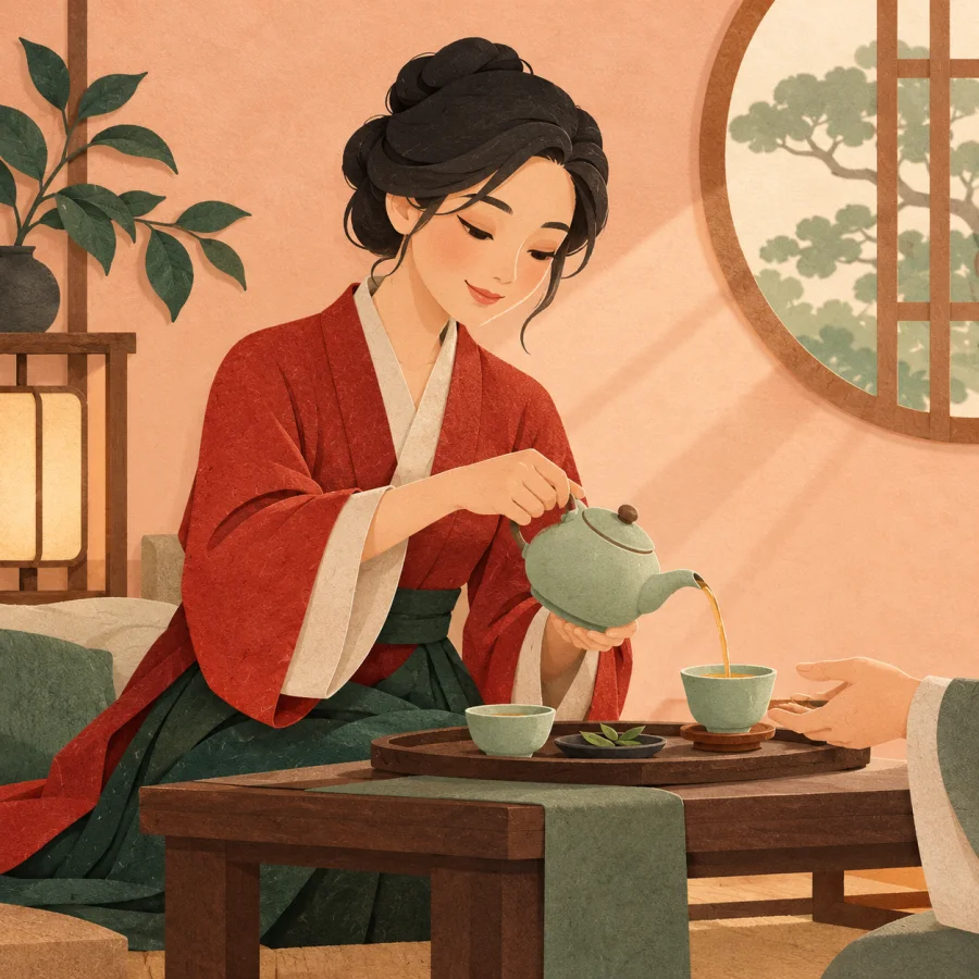 A gentle-looking person pours tea for another