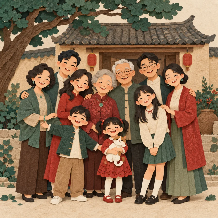 Generations of one family stand before an old house