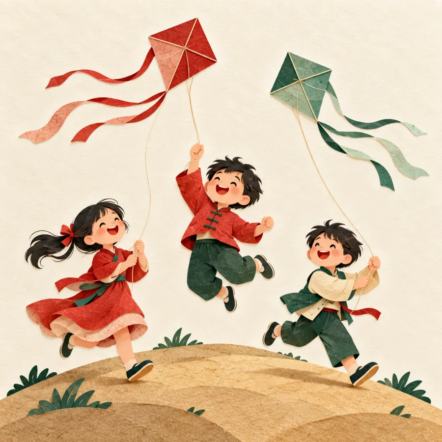 Children enthusiastically fly kites on a sandy hill