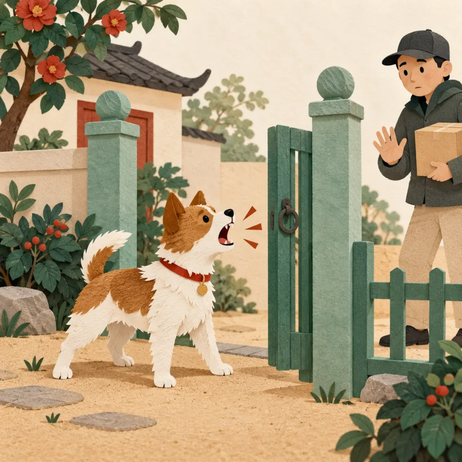 A small dog barks fiercely at a yard gate while a visitor stands back