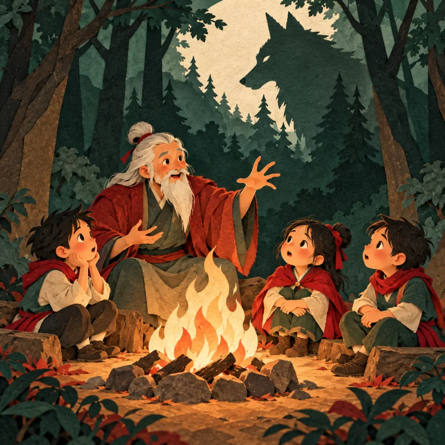 Children around a campfire listen to a story about a cruel wolf
