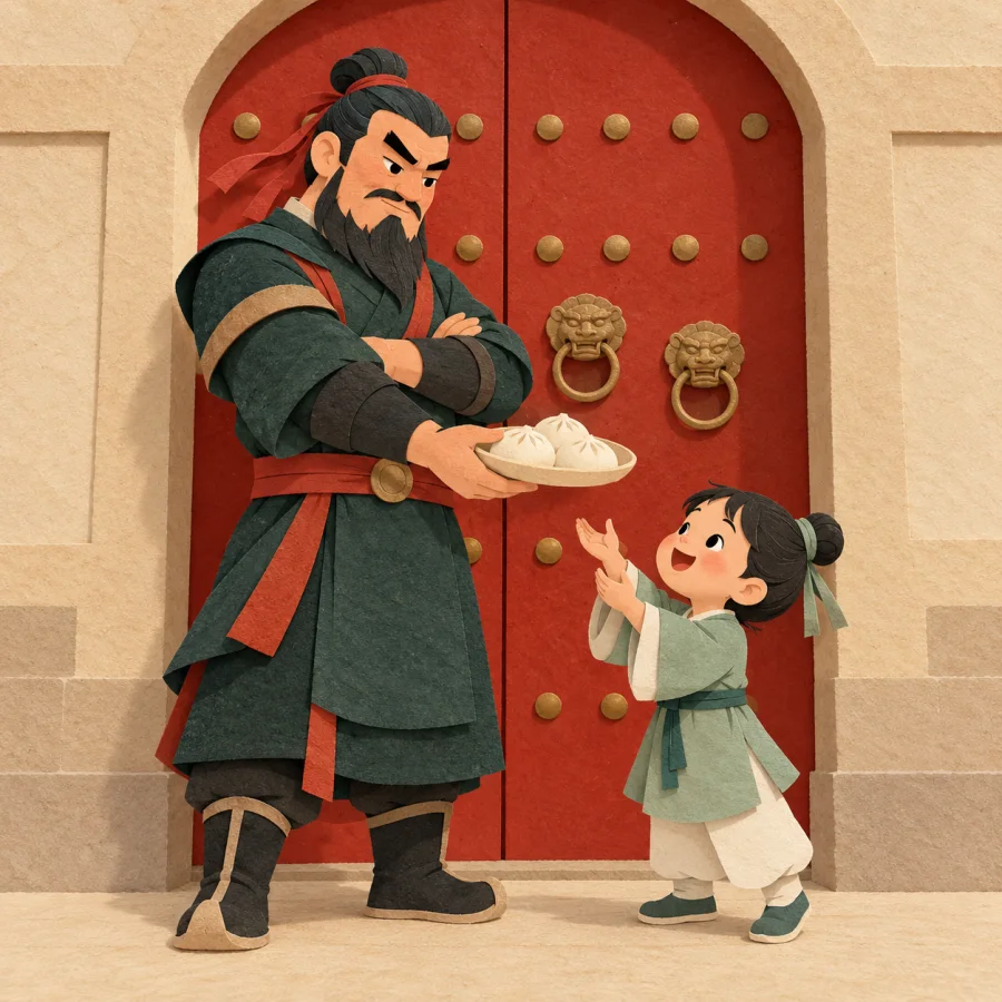 A stern gatekeeper at a red gate shares food with a small child