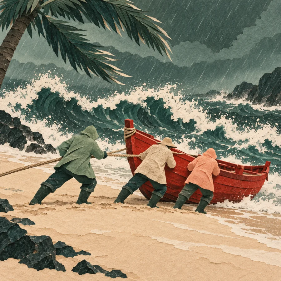 Fishermen drag a small boat ashore as fierce waves crash