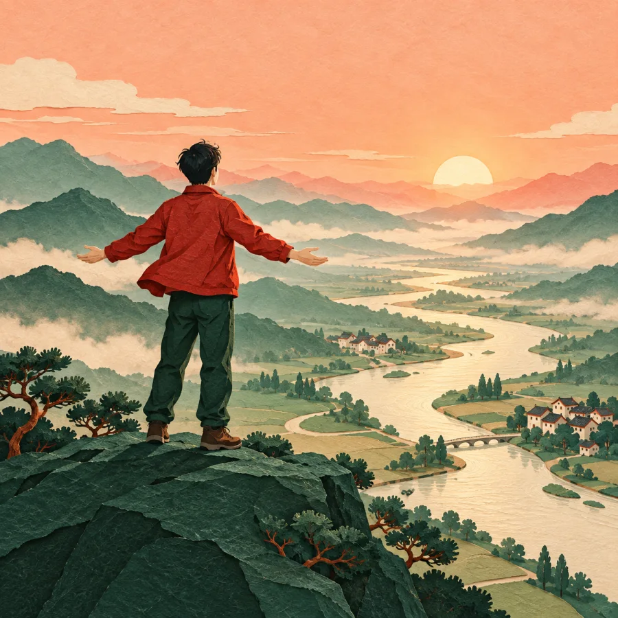 A person on a hilltop gazes over a wide valley