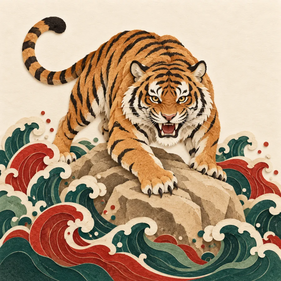 A fierce tiger with bared teeth crouches on a rock amid churning waves