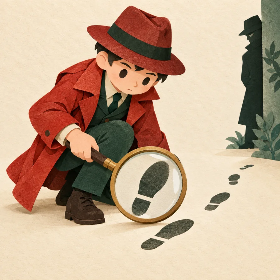 A detective with a magnifying glass studies footprints, a shadowy figure beyond