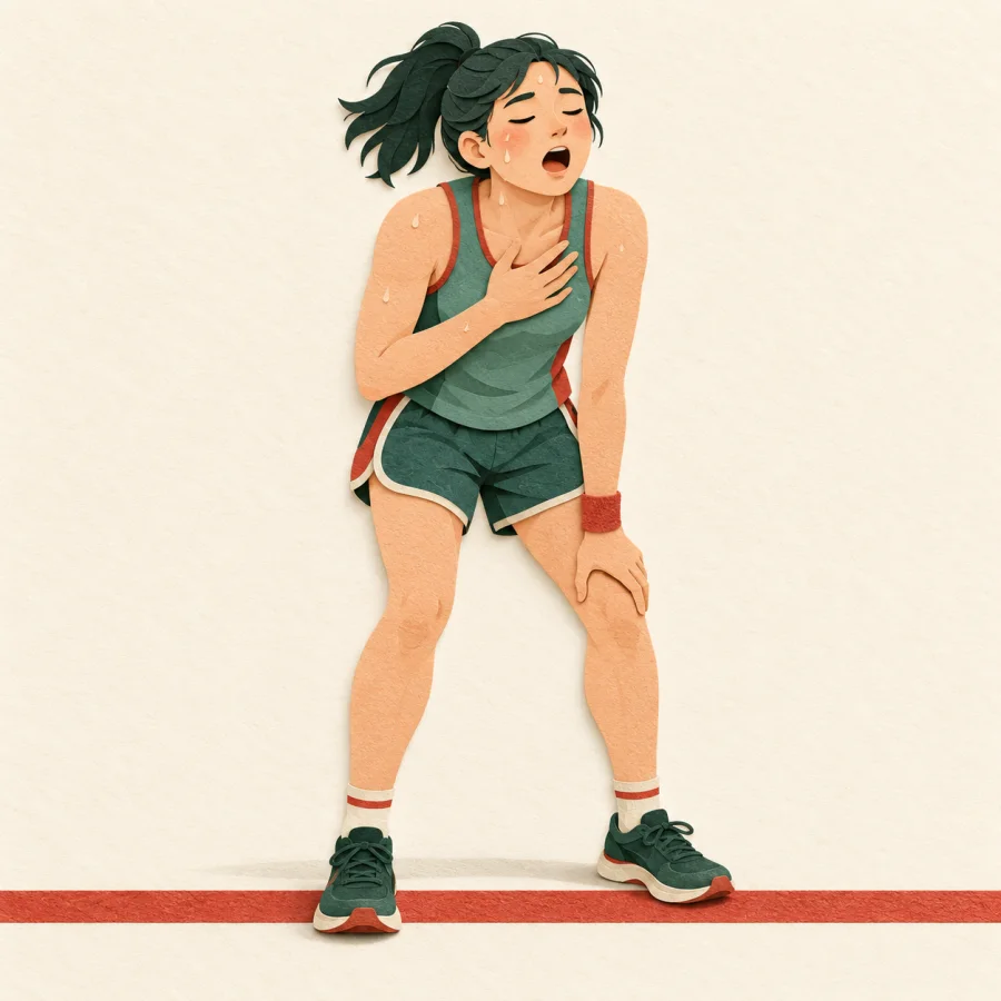 A runner presses one hand to the chest while breathing deeply at the finish