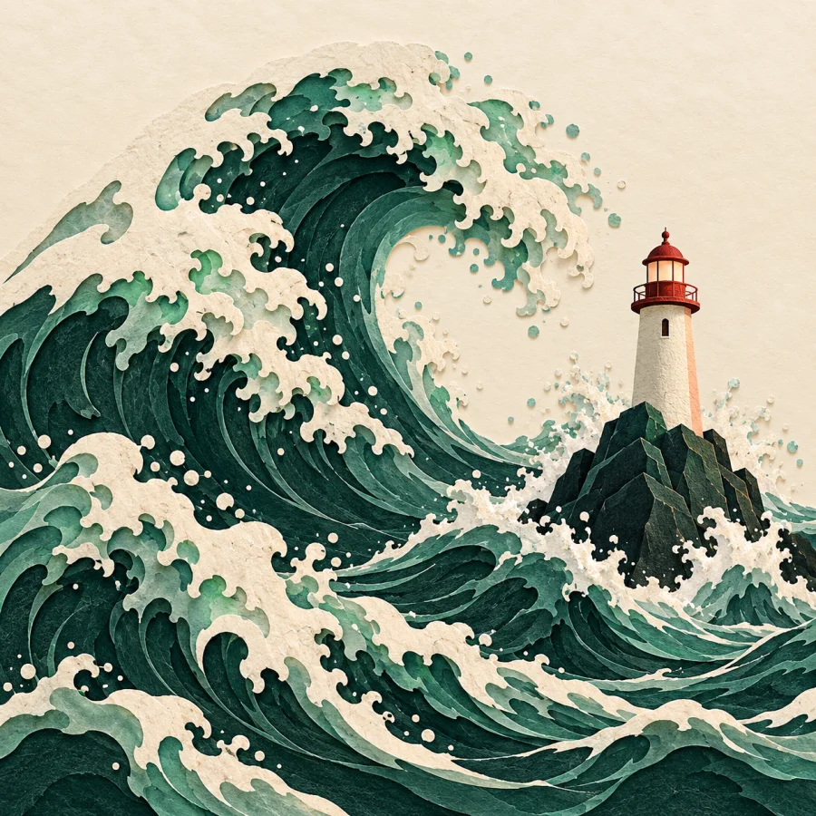 Enormous surging waves crash against dark rocks beside a small lighthouse