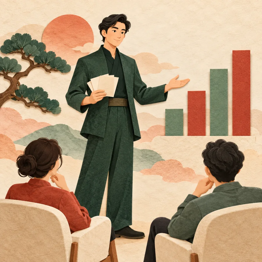 A confident speaker calmly presents a clear plan to seated listeners