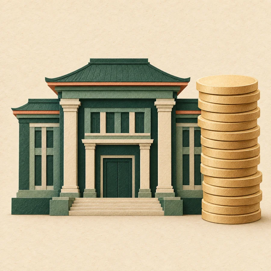 A solid bank building beside a tall stack of coins
