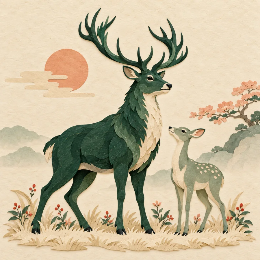 A large stag with big antlers next to a small deer
