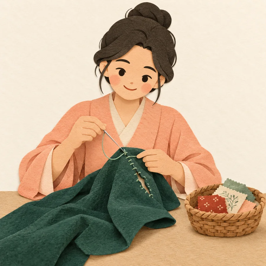 A person mending torn cloth with needle and thread