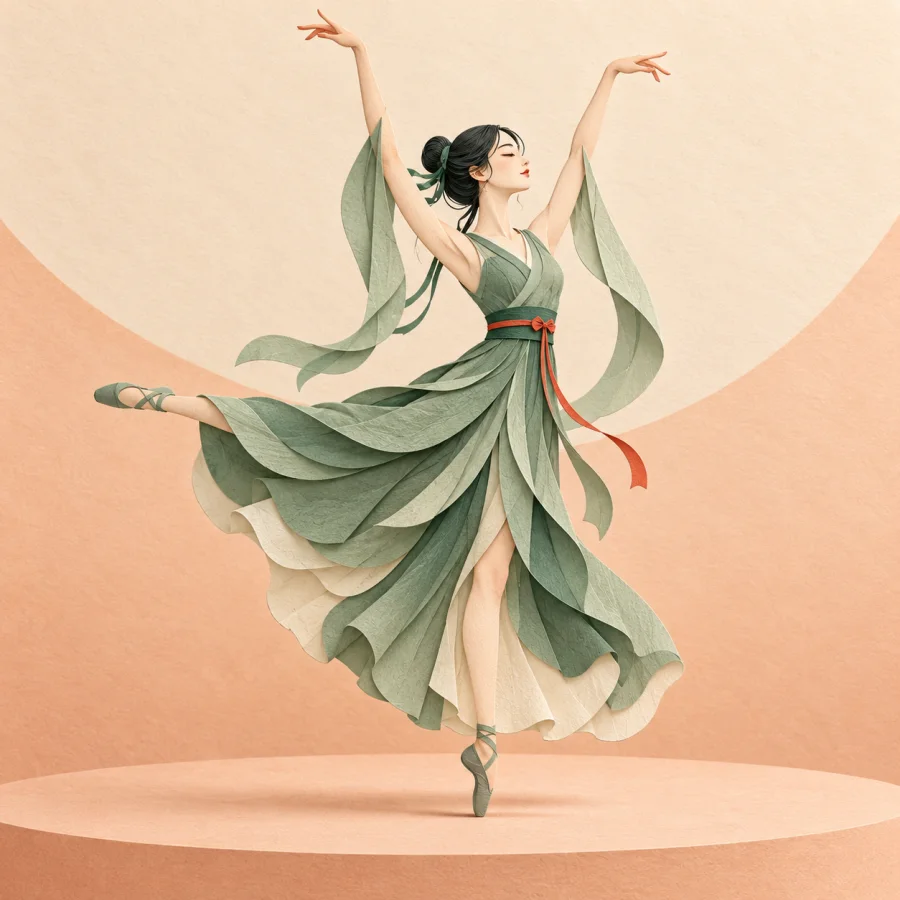 A slender dancer stretches her arms on a stage