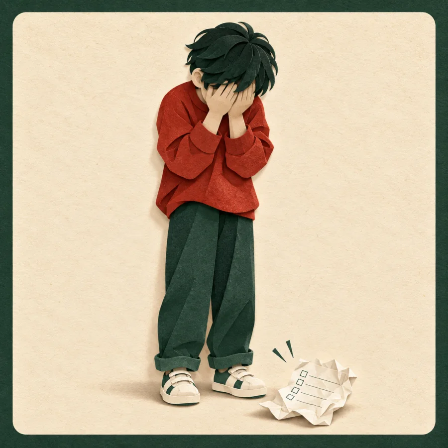 A person bows their head and hides their face with both hands
