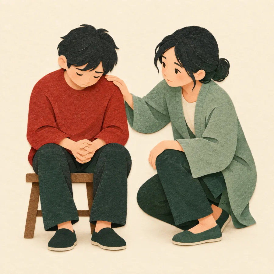 A friend bends toward a person sitting with a lowered head