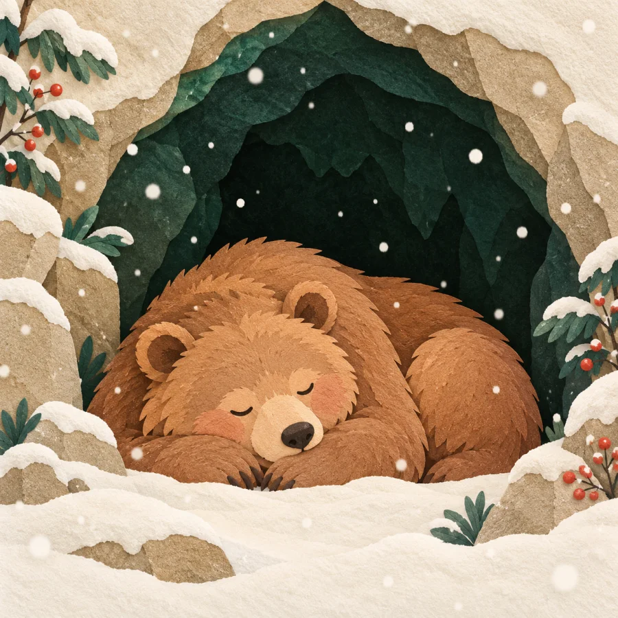 A bear curled up asleep inside a snowy cave