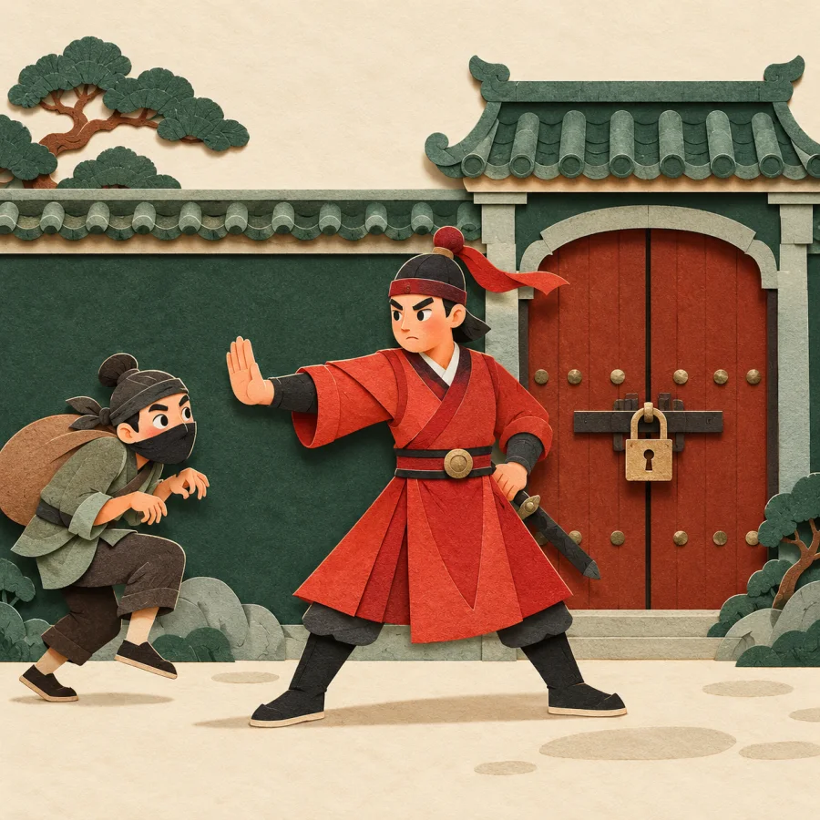 A guard blocks a person with an outstretched arm by a gate