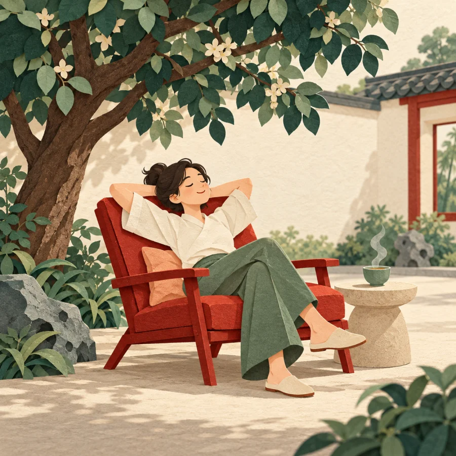 A person relaxing in a chair under a tree with a cup of tea