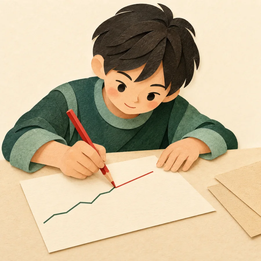 A student correcting a line on a chart with a red pencil