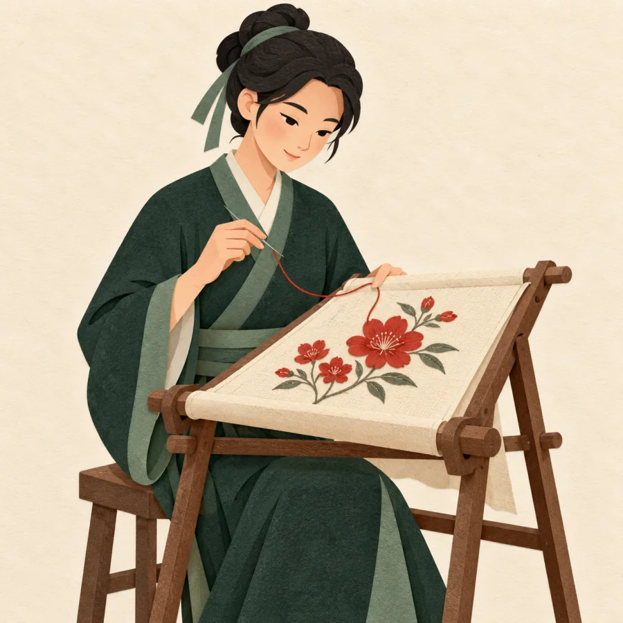 A person embroiders red flowers onto cream fabric stretched in a frame