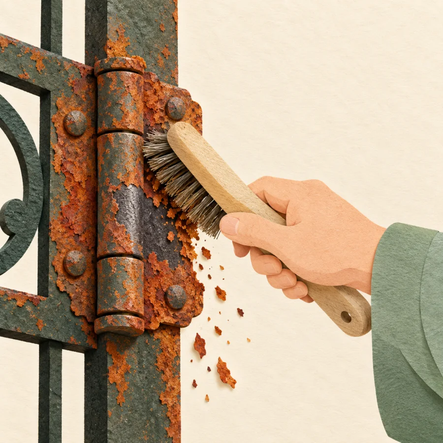 A hand scrubbing rust off an old iron gate with a brush