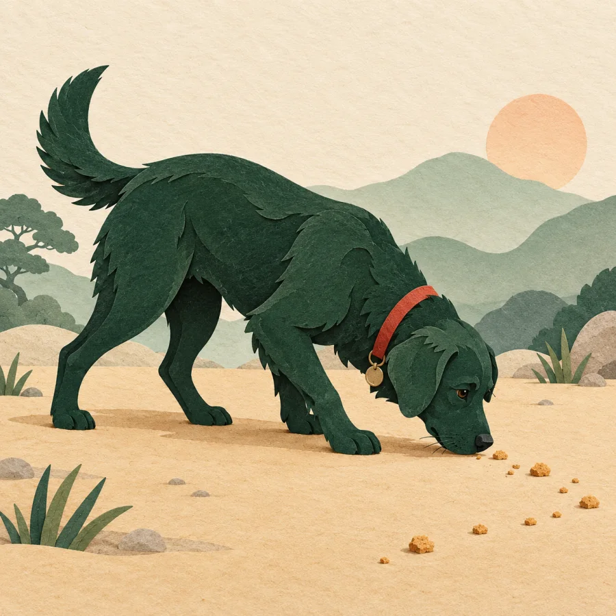 A dog sniffing the ground, tracking a trail of crumbs