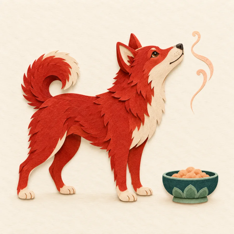 A red dog sniffing the air toward a bowl of food.