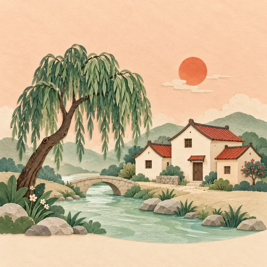 A humble village scene with a stream, willow and small houses.