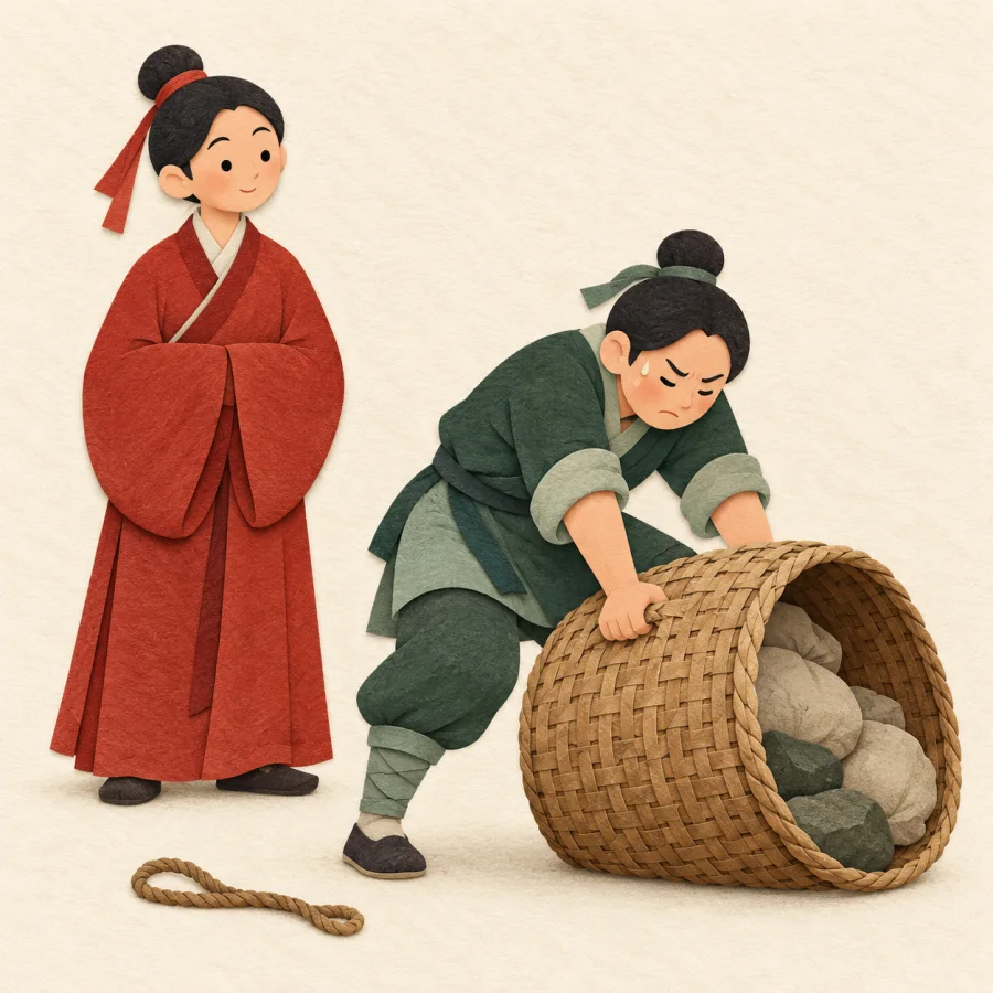 A person calmly watches while another lifts a heavy basket