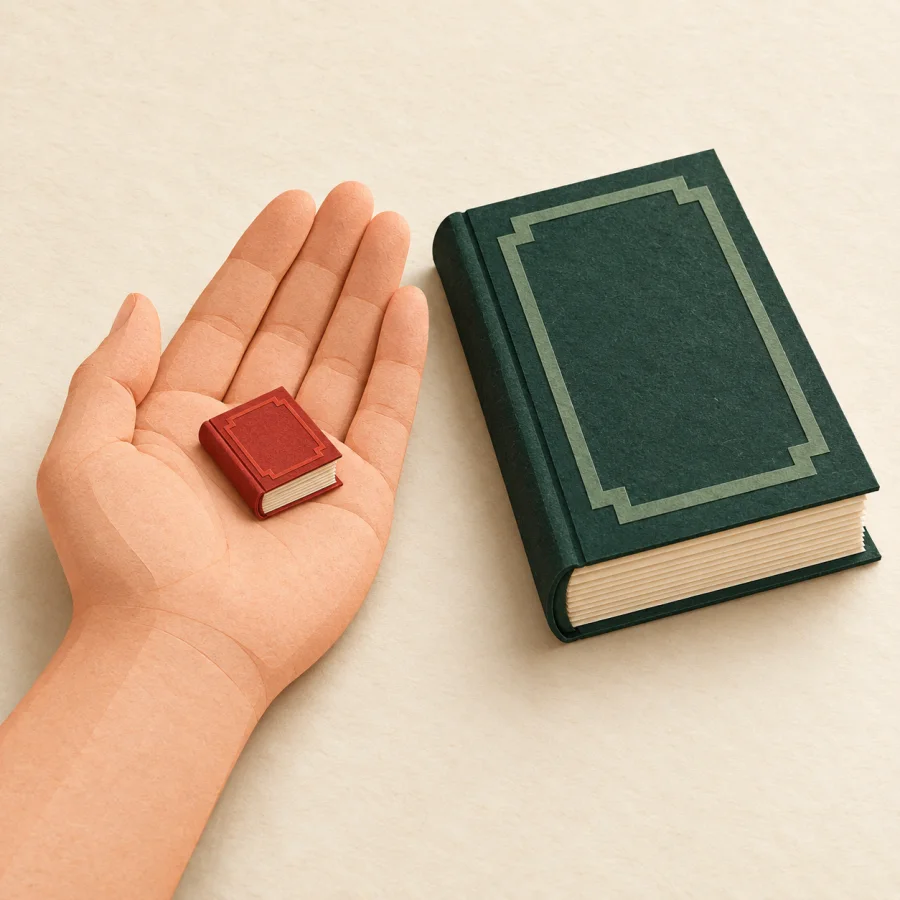An open palm holds a tiny book beside a full-sized book.