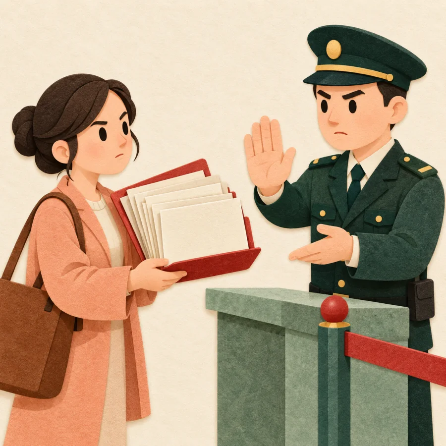 A visitor with a document folder at a gate, a guard raising his palm