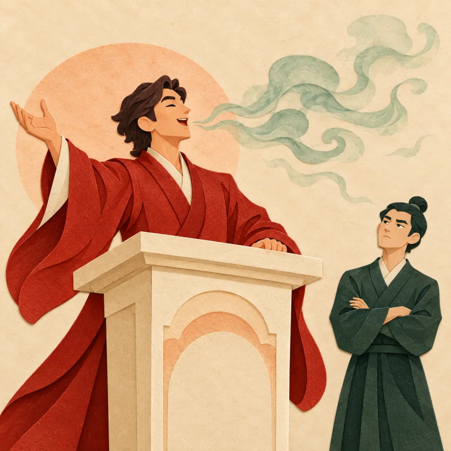 A speaker at a podium whose grand speech turns to drifting smoke
