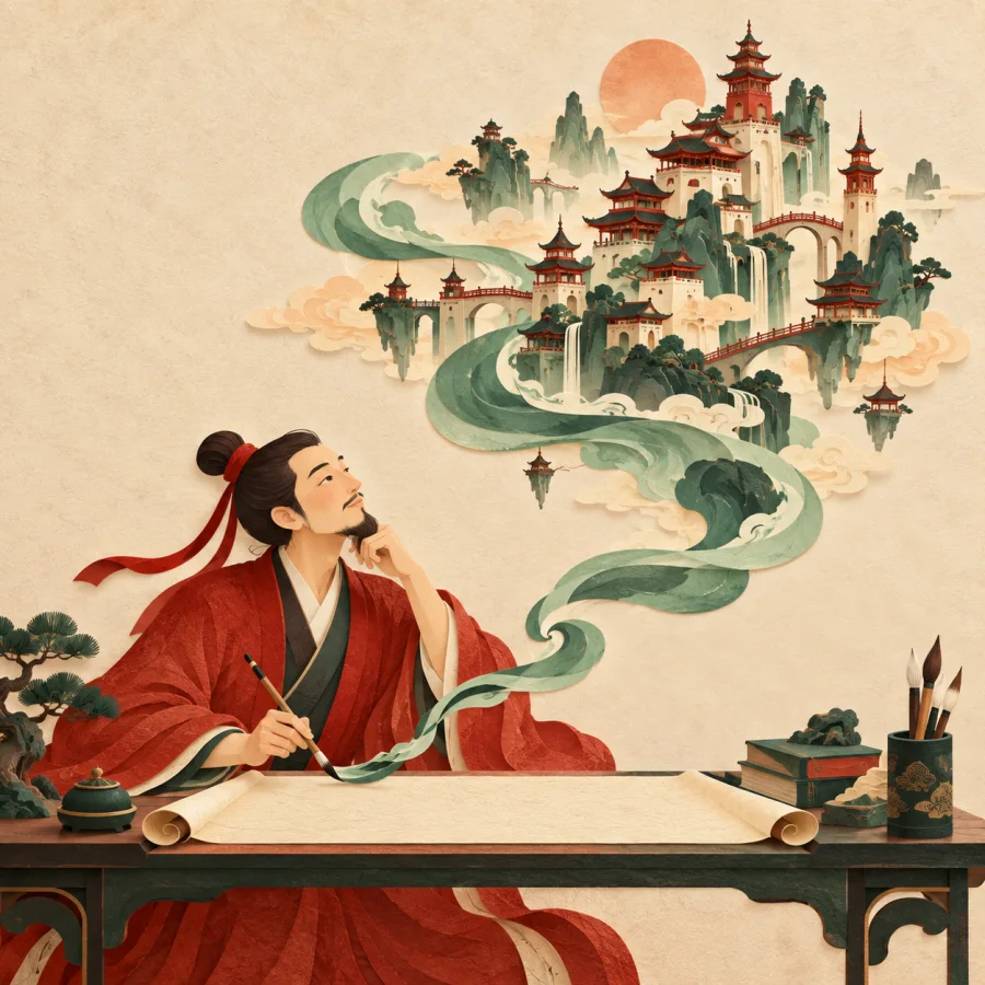 A writer at a desk, an imaginary city growing from flowing ink