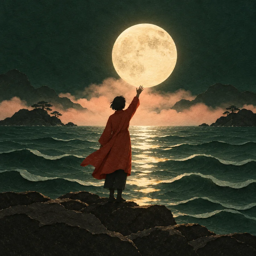 A person reaching toward the moon's reflection in misty water