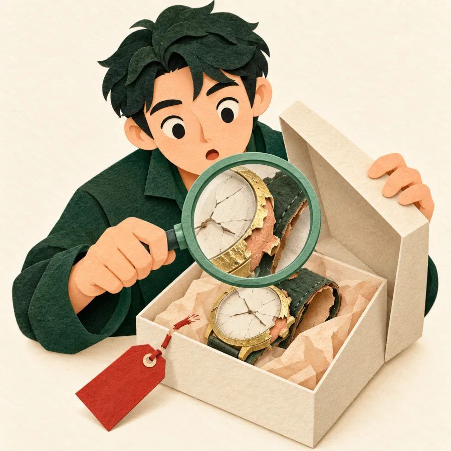 A shopper with a magnifying glass examines a counterfeit product in a box