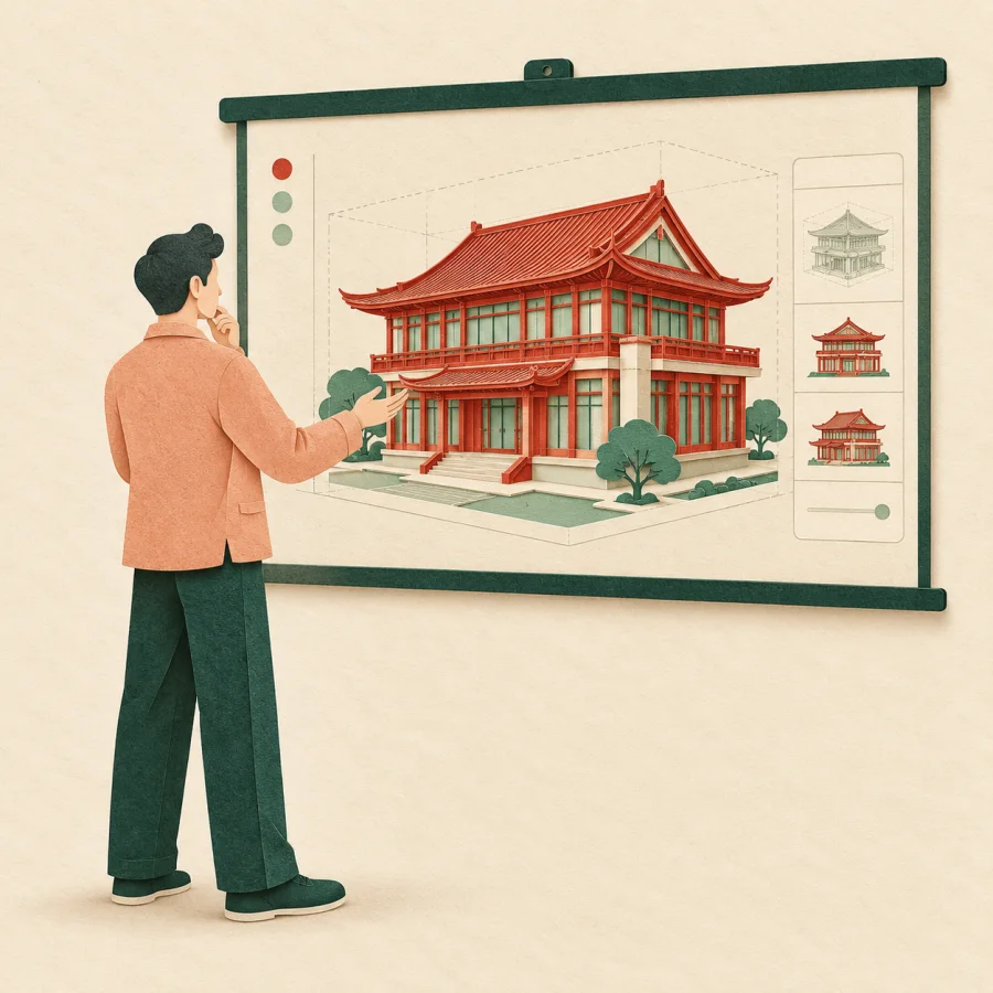 An engineer tests a building design on a large screen in a virtual environment