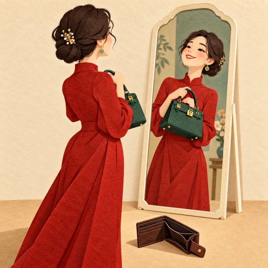 A person admires themselves in a tall mirror holding an expensive bag