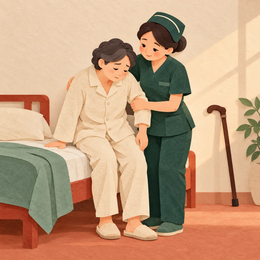 A weak patient sits on the edge of a bed leaning on a nurse's arm
