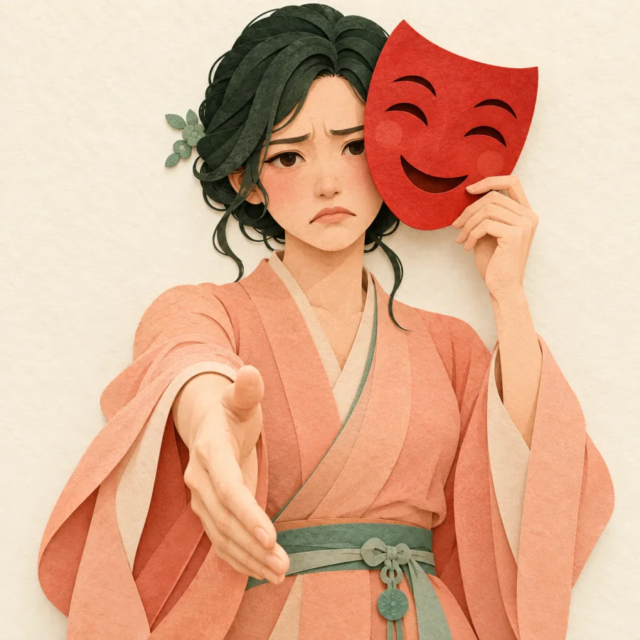 A person offers a handshake while lifting a smiling mask to reveal a frown