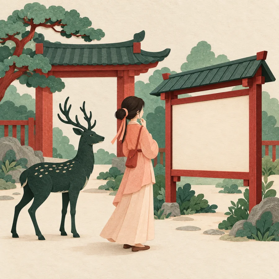 A visitor reads a notice board at a park gate with an animal standing nearby