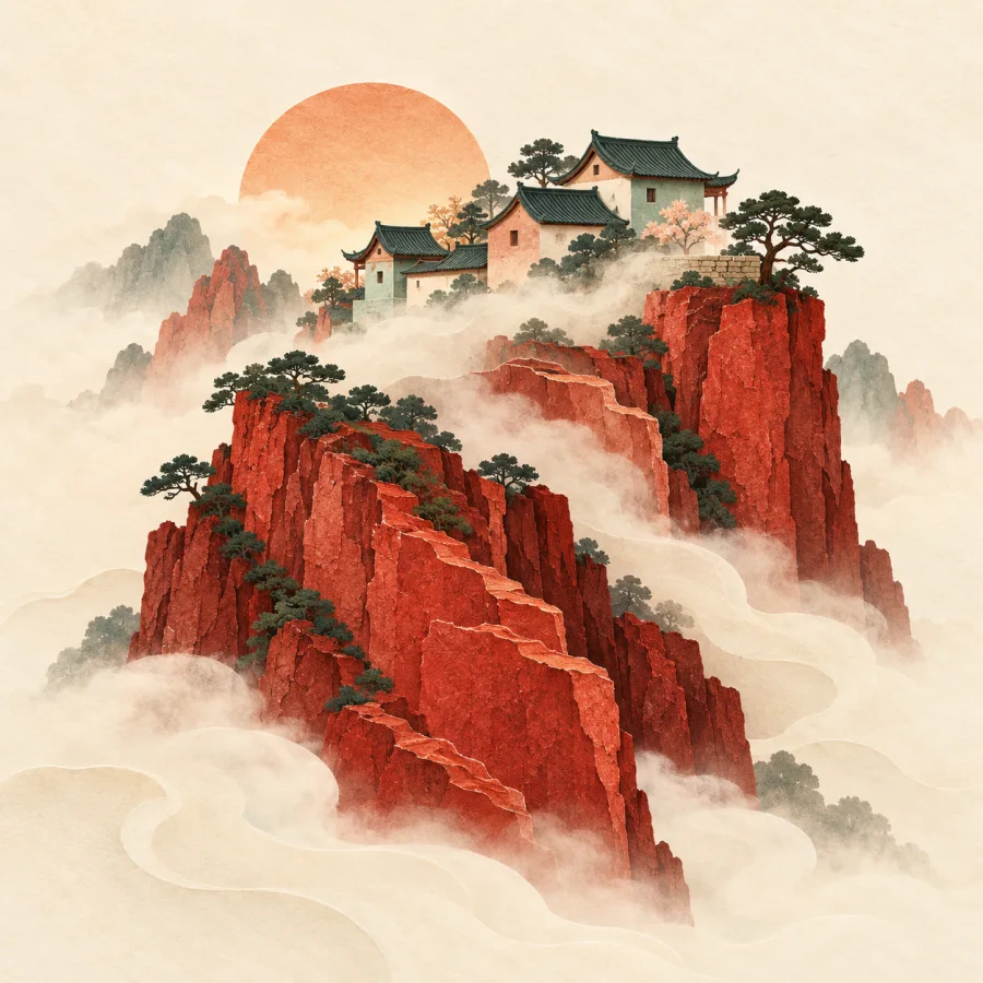 Mist slowly rises along the red walls of a canyon