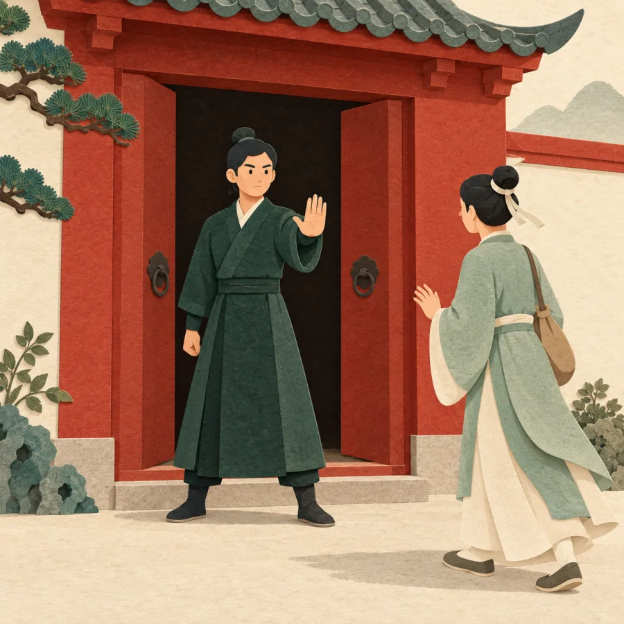 A person blocks another person from entering a building