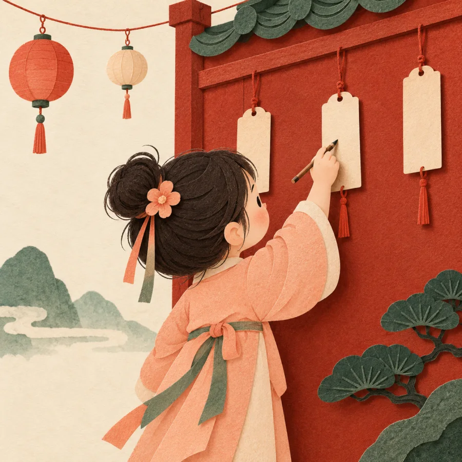 A child writes a wish on a red wall under lanterns