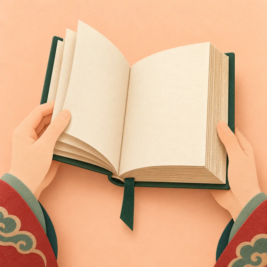 A person opens the front pages of a thick book