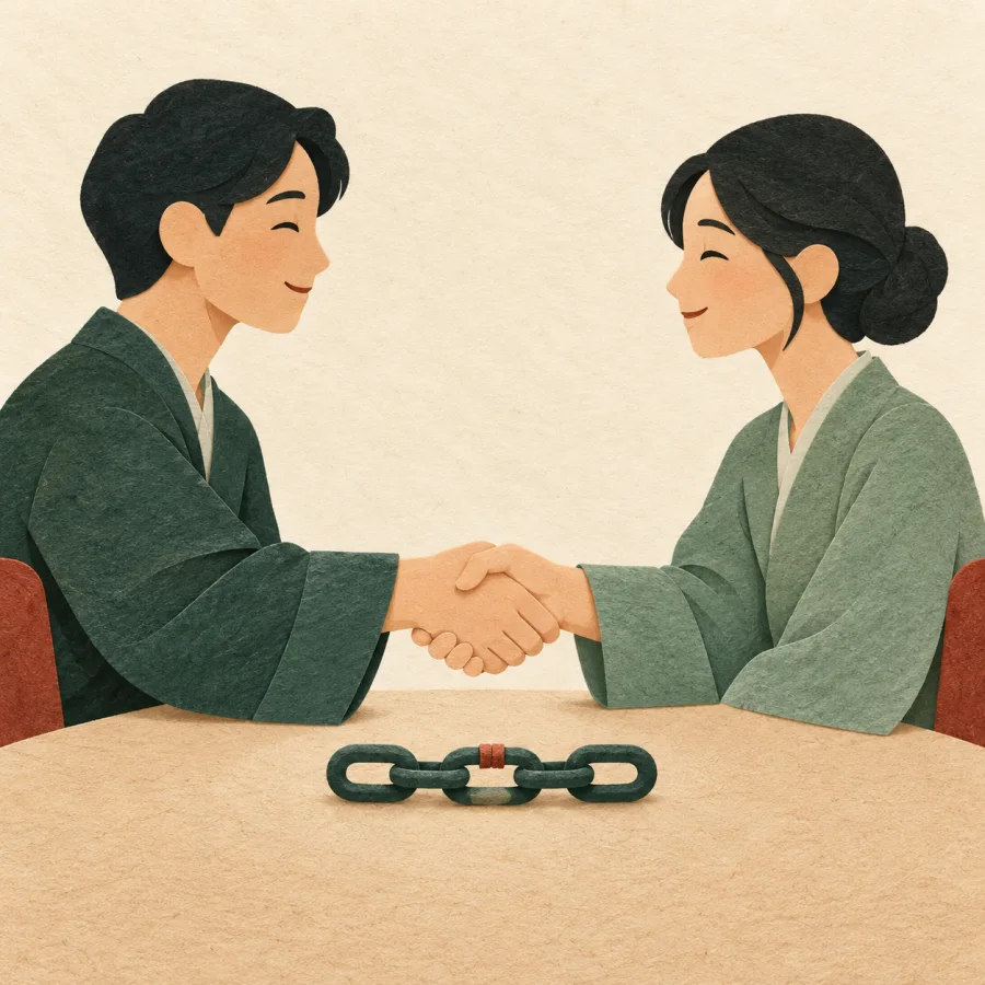 Two people shake hands over a table with a chain